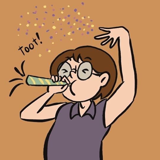 a cartoon version of myself throwing a handful of confetti and blowing a birthday noise maker