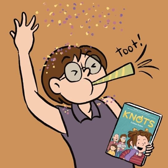 a cartoon version of myself throwing another handful of confetti and blowing a birthday noise maker while holding my book, "Knots"