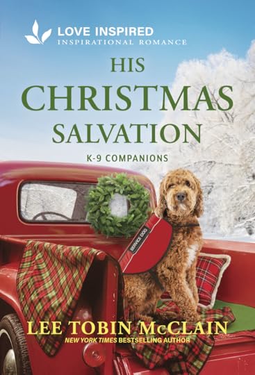 book cover with poodle mix dog wearing service vest, in the back of a pickup truck