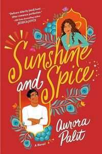 Illustrated cover with a red background, featuring a South Asian woman in the top right and a South Asian man in the lower left, generally looking toward one another, with the title in the centre, with a peacock feather design around each person.