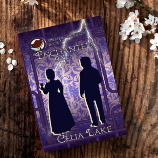 Cover of Enchanted Net: A silhouetted man and woman in Victorian dress stand with their backs to the viewer. She is holding a glass of wine as they look toward each other. The background is a purple damask, crossed by pipes and gears and a streak of lightning, with a book inset in the top left corner.