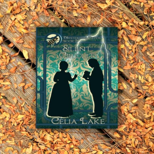 Cover of Silent Circuit: A silhouetted man and woman in Victorian dress face each other. He is holding a book open for her, as her hand moves to turn a page. They’re on a background of green damask with green pipes, a streak of lightning behind them. A bee is inset on top of a gear in the top left.