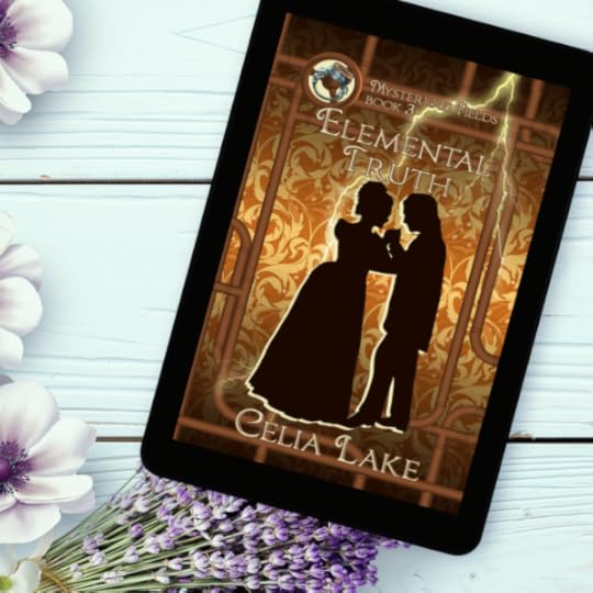 Cover of Elemental Truth: A silhouetted man and woman in Victorian dress waltz hand in hand on a golden damask background bordered by pipes and gears with a streak of lightning behind them. A jeweled ring is set in the top left.