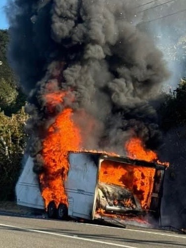 Both the vehicle and trailer sustained damage during the fire. The driver of the tow vehicle was able to get away with minor injuries. (Photo courtesy Monterey Fire Department)