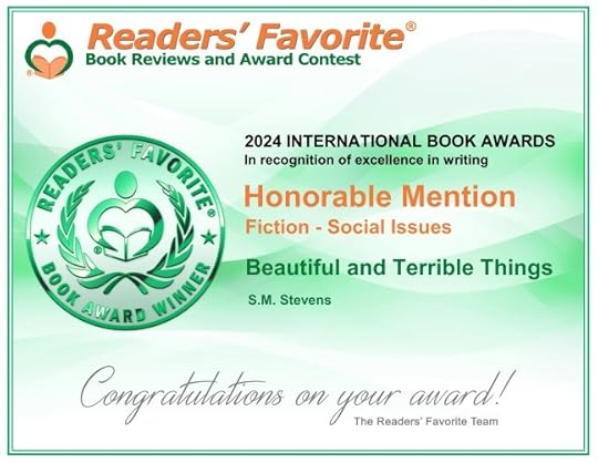Certificate from Readers' Favorite recognizing honorable mention in the Fiction-Social Issues category for Beautiful & Terrible Things