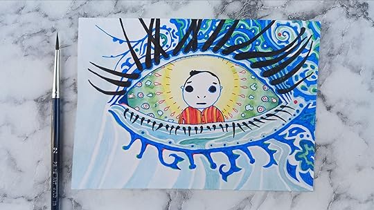 A colour drawing of a blank eyed person looking out of an eye. The eye is surrounded by decorative swirls. There's a small paintbrush next to the drawing. 