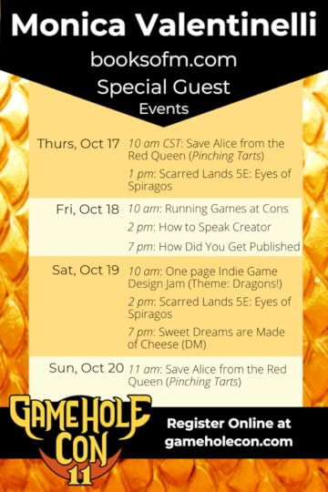 The text of this image is in the post. Schedule card on a gold scale background.
