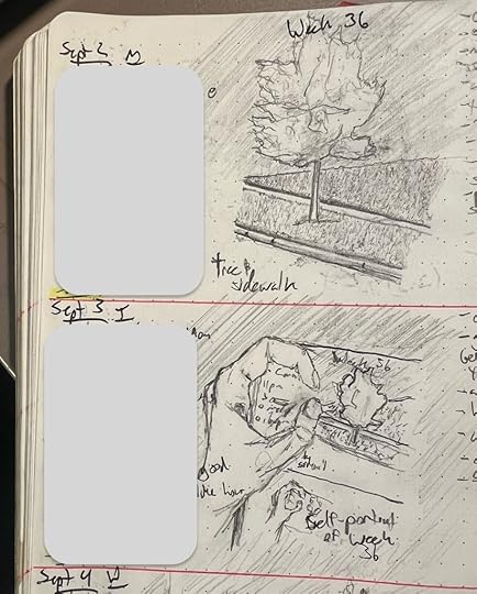A journal page showing the days Sept 2 and Sept 3. The Sept 2 sketch shows a tree beside a sidewalk. The Sept 3 sketch shows a hand holding the journal, the fingers curled alongside the portrait of the tree from Sept 2. Beneath the recursive version of Sept 2 in the sketch there is a sketched version of Sept 3, showing a hand holding a journal, the fingers curled around the page next to a portrait of a tree…you get the idea.