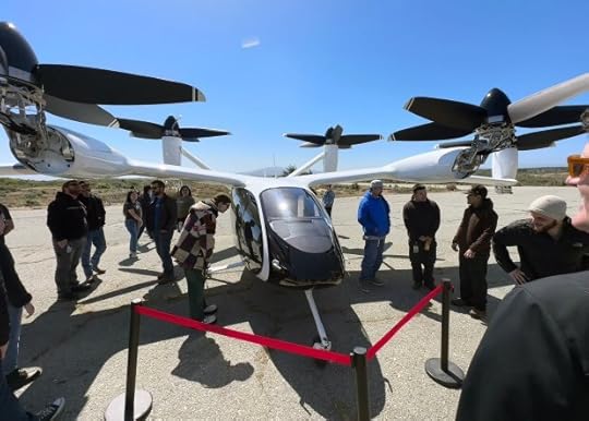 At Joby's Pilot Production Line expansion groundbreaking in April 2024, the second production prototype aircraft to roll off the company's production line was the backdrop for the ceremony where Joby workers and others were allowed a close-up view of the aircraft. (James Herrera/Monterey Herald)
