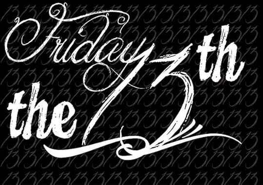 Friday the 13th written in white cursive on a black textured background.