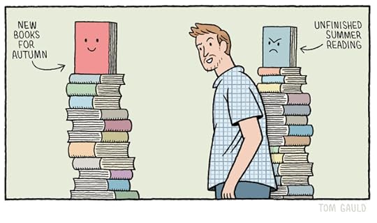 A beautiful, smiling pile of new books labelled "New Books for Autumn" innocently attracts the attentions of a young man. Beside him, his pile of books (labelled "Unfinished Summer Reading") notices this and scowls at him. The image is a cartoon pastiche of the ‘distracted boyfriend’ meme.