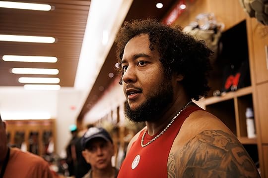 San Francisco 49ers guard Aaron Banks speaks in the locker...