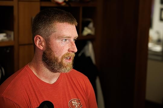 San Francisco 49ers center Jake Brendel speaks in the locker room...