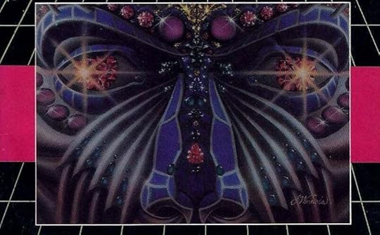 A detail from the original paperback cover of Neuromancer by William Gibson. There's a pink stripe going across a black and white grid, over which is superimposed a rectangle with a nose and two eyes (the top half of a face) on it. The face has sparkle eyes and jewels around elaborate mask-like geometric brows, matching the bejeweled geometric nose. The overall effect is inhuman and somewhat animalistic/alien.