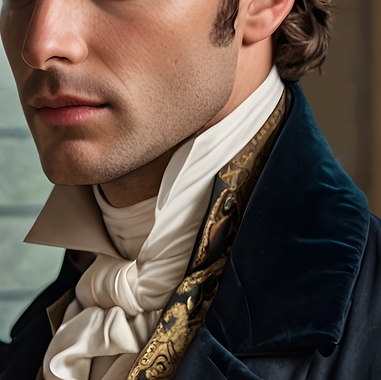 The chin and neck of a man in Regency-era dress