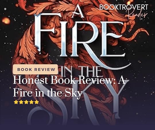 A promotional image for a book review of A fire in the sky. showcasing a vibrant orange phoenix in mid-flight, with detailed flame-like feathers set against a dark, starry sky. The text reads 