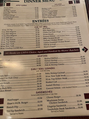 dinner menu at Shaw's Steakhouse & Tavern in Santa Maria, California