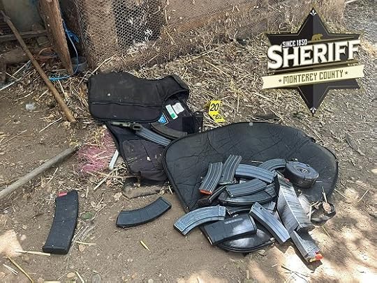 Multiple long rifles, shotguns, handguns and an illegal assault weapon was located at the scene along with numerous loaded and empty magazines. (Photo courtesy Monterey County Sheriff's Office)