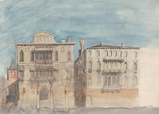 A softly colored sketch of two white, multi-story palazzi in Venice. The sky overhead is light blue, making the buildings stand out.