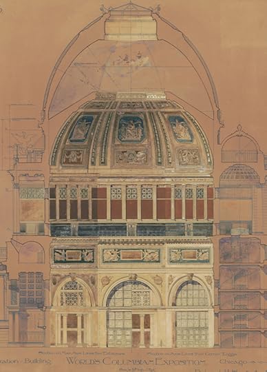 Elaborate, multi-colored archictectural drawing of a domed administrative building, with arched doorways and a highly decorated dome.