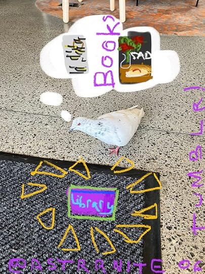 A bird with their first library card, thinking about which book to take out first. Probably the Sad Bastard Cookbook.