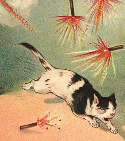 Portion of a color illustration on a vintage Fourth of July postcard showing a black and white cat running scared from firecrackers.