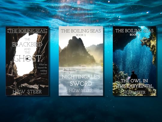 Book covers for 'The Blackbird and the Ghost', 'Nightingale's Sword' and 'The Owl in the Labyrinth', superimposed on an underwater background.