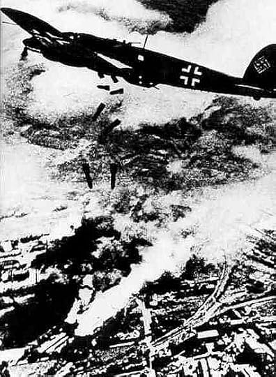 German Heinkel He 111 bomber over Warsaw, September 1939 (public domain via Wikipedia)