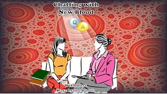A Red and white spiral background with two women sitting on a couch with papers and books in the foregroundText: Chatting with New Blood With host KAye Lynne Booth