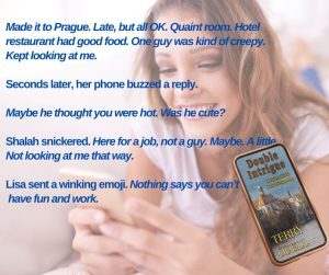 graphic showing a clip from Double Intrigue of two characters texting