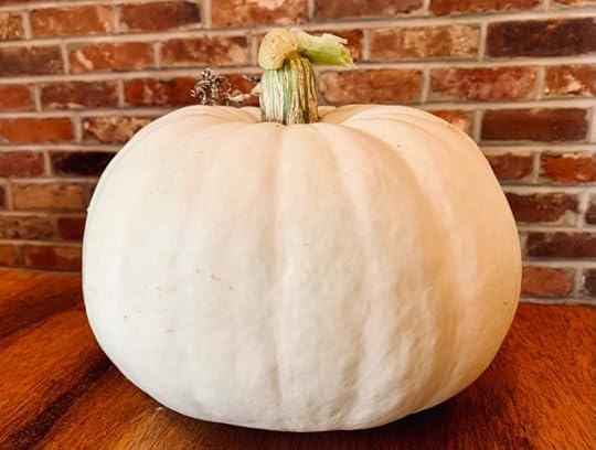 A white Valenciano pumpkin from my pumpkin patch sitting on a wood table in front of a brick wall.