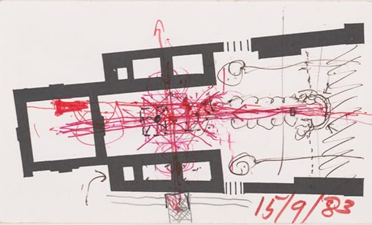 A pen and ink overhead architectural sketch, showing the outlines of buildings in heavy black ink with a swirl of think red lines and swirls in the middle. It's dated Sept. 15, 1983