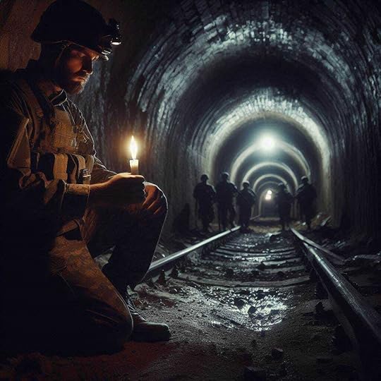 a soldier in a dark tunnel holding a candle