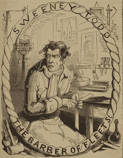 Vintage illustration of Sweeney Todd, The Barber of Fleet Street, depicting a grotesque figure with a blade.
