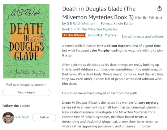 Amazon screenshot showing Death in Douglas Glade (The Milverton Mysteries Book 3) by G B Ralph with an orange badge for Number 1 New Release in LGBTQ+ Mystery.