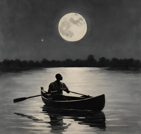 man rowoing a canoe with a full moon in the background