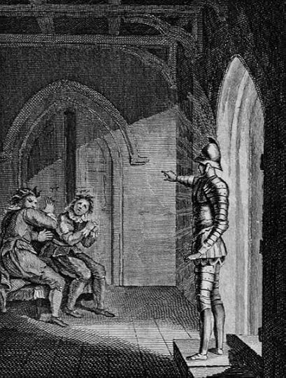 Frontispiece illustration to the 1778 edition of The Old English Baron, depicting frightened people encountering a suit of armor (that appears to be threatening them).