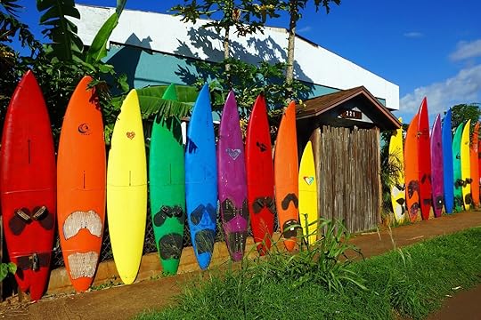 Paia, Maui, Hawaii, Fence made of old surfboards, as seen from the public road.