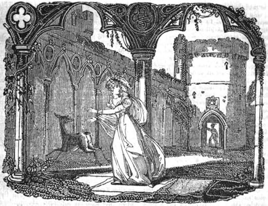Vintage black and white illustration of woman in ruins fleeing a threatening figure in the distance.
