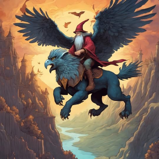 Wizard rides a fantastic beast over wonderous lands