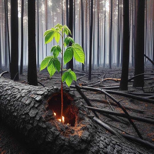 a sapling growing from a burned trunk amidst a forest fire