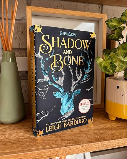 Book titled ’Shadow and Bone’ by Leigh Bardugo. The book is placed upright, on a slight angle, and it is sitting on a wooden shelf next to a pot plant and a reed diffuser.