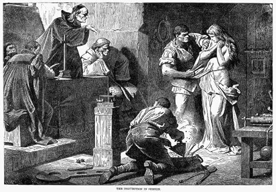 "The Inquisition In Session," Wood Engraving, American, Late 19th Century, depicting agents of the Spanish Inquisition interrogating a woman.