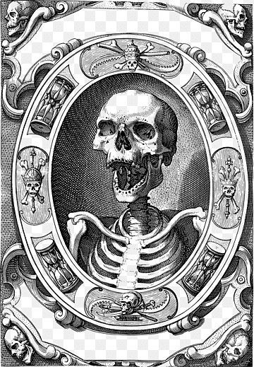 Vintage black-and-white memento mori artwork of skull surrounded by symbols of death.