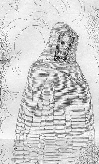 Vintage black-and-white illustration of a skeleton in a cloak.