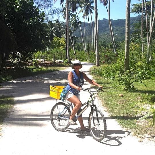 Janice Horton cycling on Curieuse Island Seychelles 