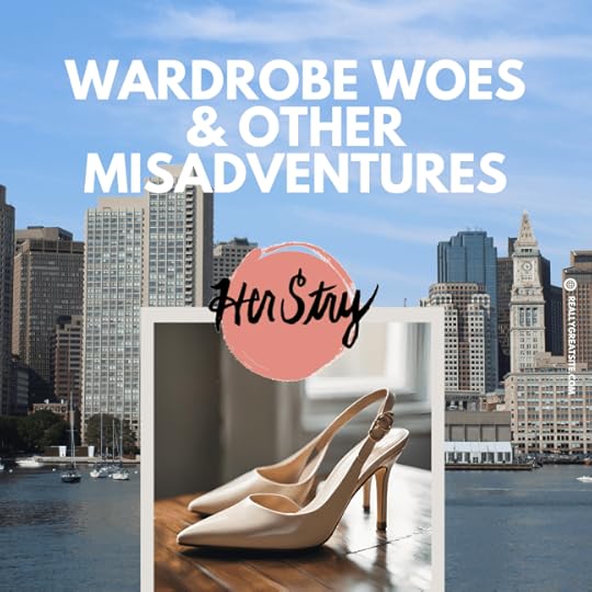 HerStry logo, slingback pumps against the Boston city skyline