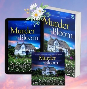 Three editions of Murder in Bloom, paperback, digital, audio