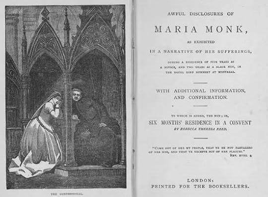 Image of the frontispiece and title page of The Awful Disclosures of Maria Monk. The artwork depicts a nun seeming to confess to a priest.