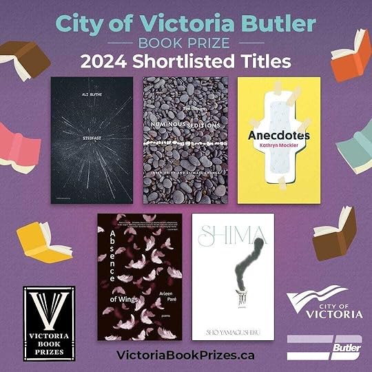 The $5,000 City of Victoria Butler Book Prize honours a writer from the Capital Regional District for the best book published in fiction, non-fiction, or poetry. This year's finalists are: • Ali Blythe for Stedfast (Poetry), Goose Lane Editions • Tim Lilburn for Numinous Seditions: Interiority and Climate Change (Non-fiction), University of Alberta Press • Kathryn Mockler for Anecdotes, (Fiction), Book*Hug Press • Arleen Paré for Absence of Wings (Poetry), Caitlin Press • shō yamagushiku for shima (Poetry), Penguin Random House